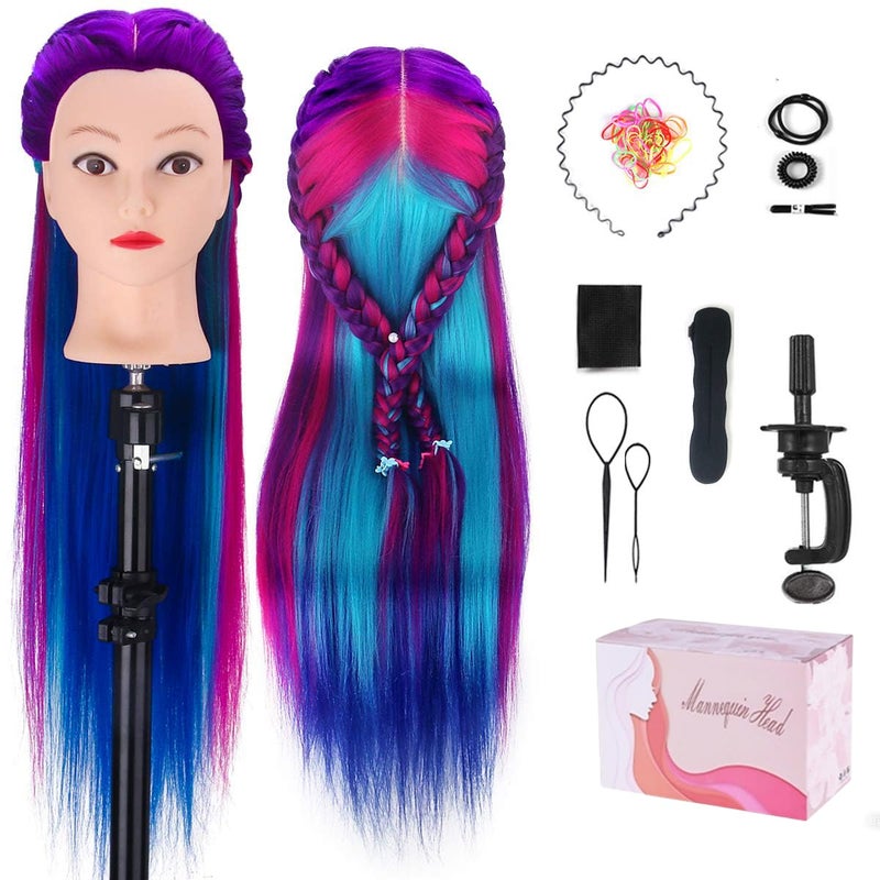 MYSWEETY 28" Mannequin Head With Hair - Styling Training Manikin Cosmetology Doll Synthetic Fiber Hair, Table Clamp & Braiding Kit - Purple - Image 1